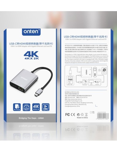 Adaptador USB-C a HDMI Ethernet RJ45 - Resolución 4K - Onten 91188