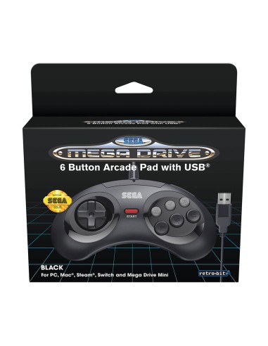 Mando Mega Drive Mini - 6 Button Arcade Pad with USB - Retro-Bit - Color Negro - PC, Mac, Steam, PS3, Switch y Mega Drive Mini