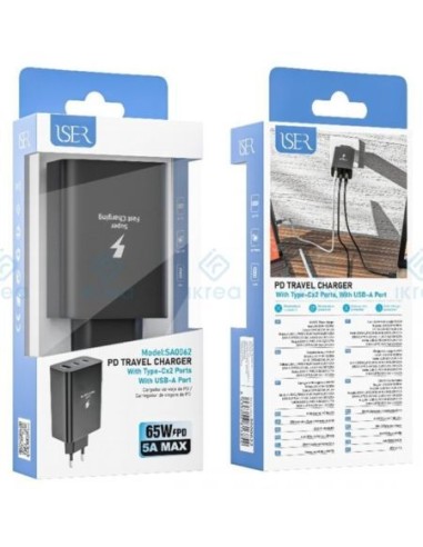 Cargador USB A y 2 USB-C 65W Iser SA0062 Negro