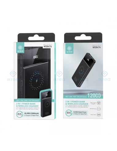 Powerbank Ikrea WD8474 12000mAh Inalámbrica Negra